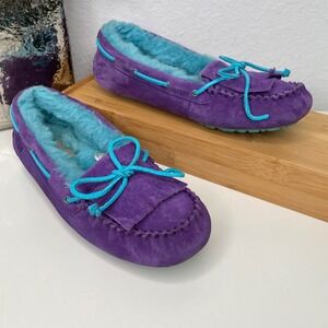 UGG Dakota Slippers Womens Purple Suede Turquoise Fringe Moccasin Boho Size 6